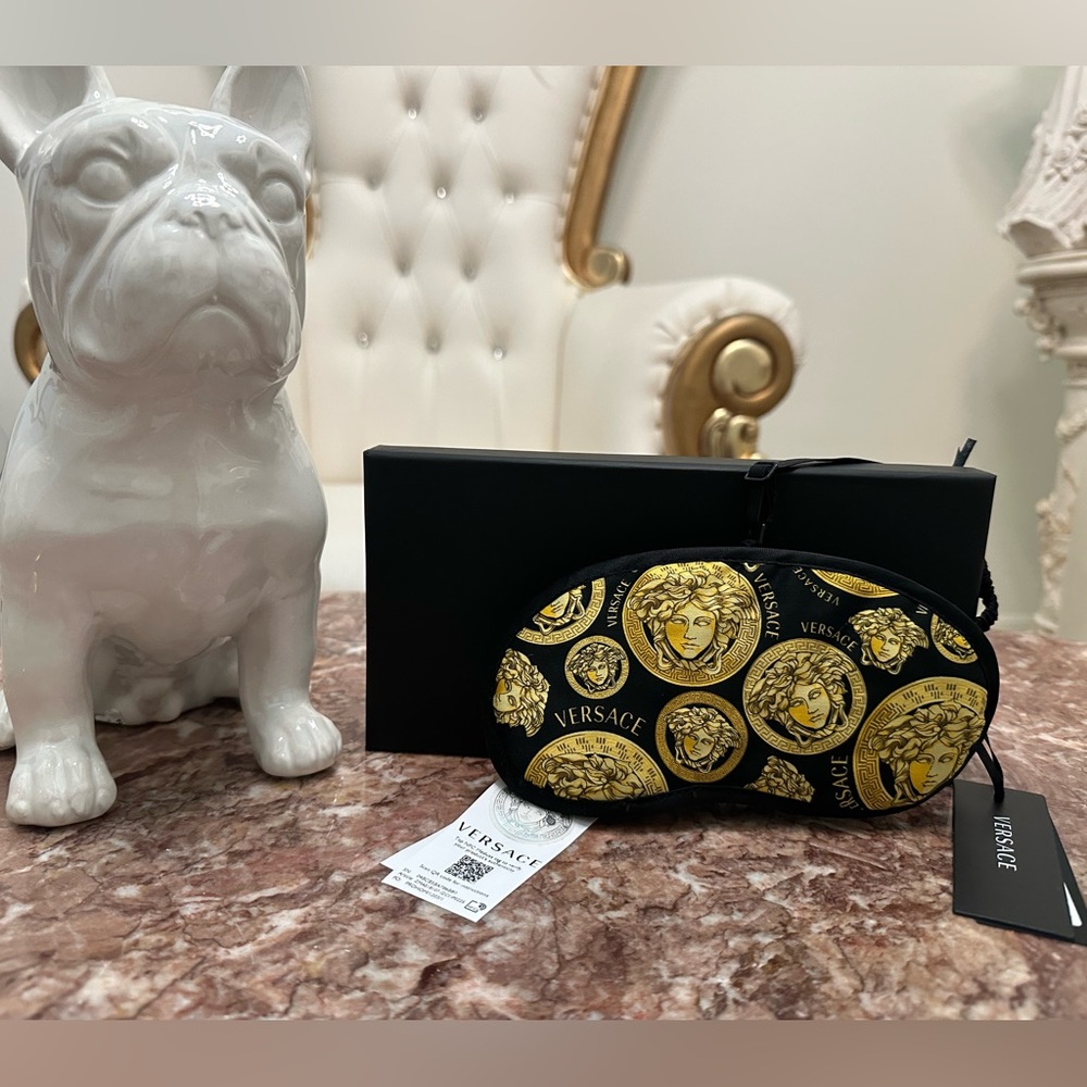 (MSRP $299) Versace Medusa Patterned Sleep Mask in Black and Gold -NWT